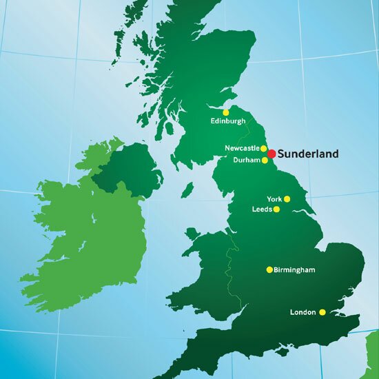 sunderland shown on the uk map